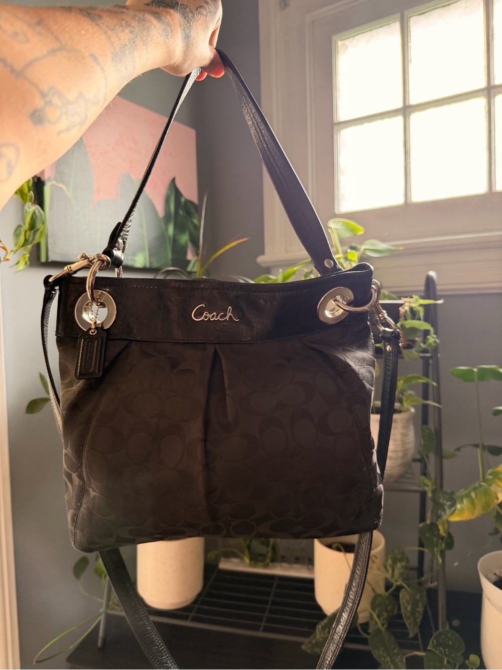 COACH Ashley Signature Sateen Hippie Convertible Hobo Bag